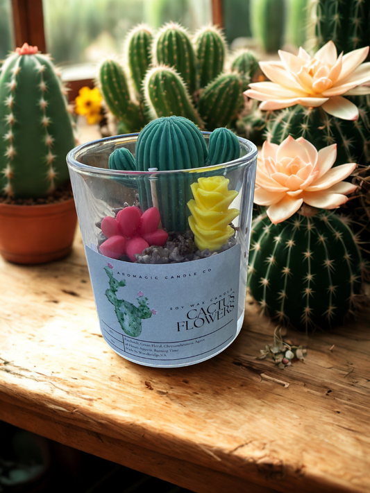 Cactus flowers and jade candle