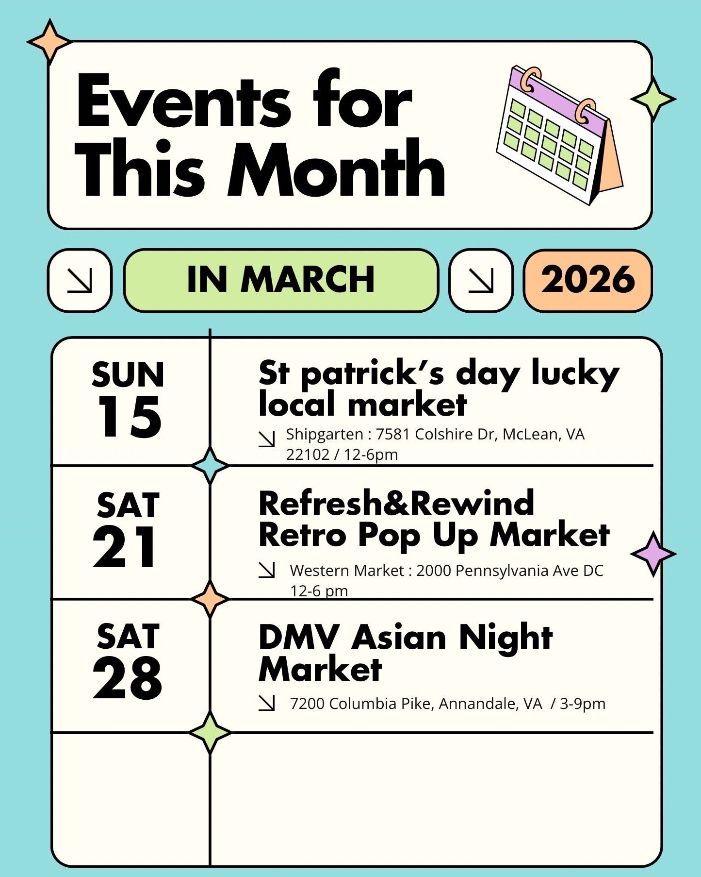 Calendar of events for March 2026 on a light blue background